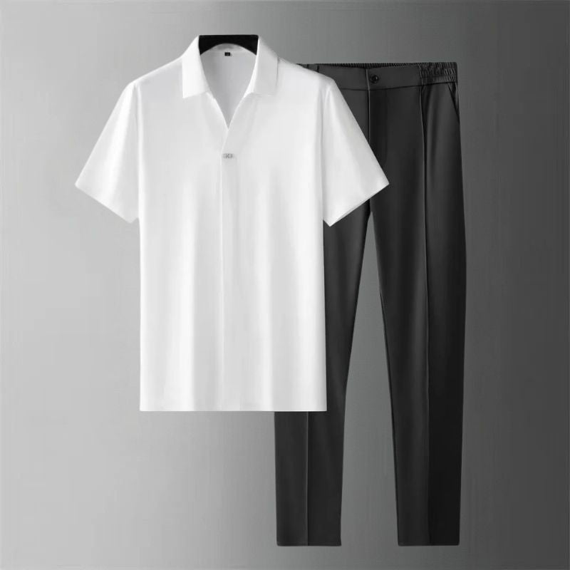 Ensemble élégant pour homme avec pantalon et chemise à manches courtes, parfait pour l'été








