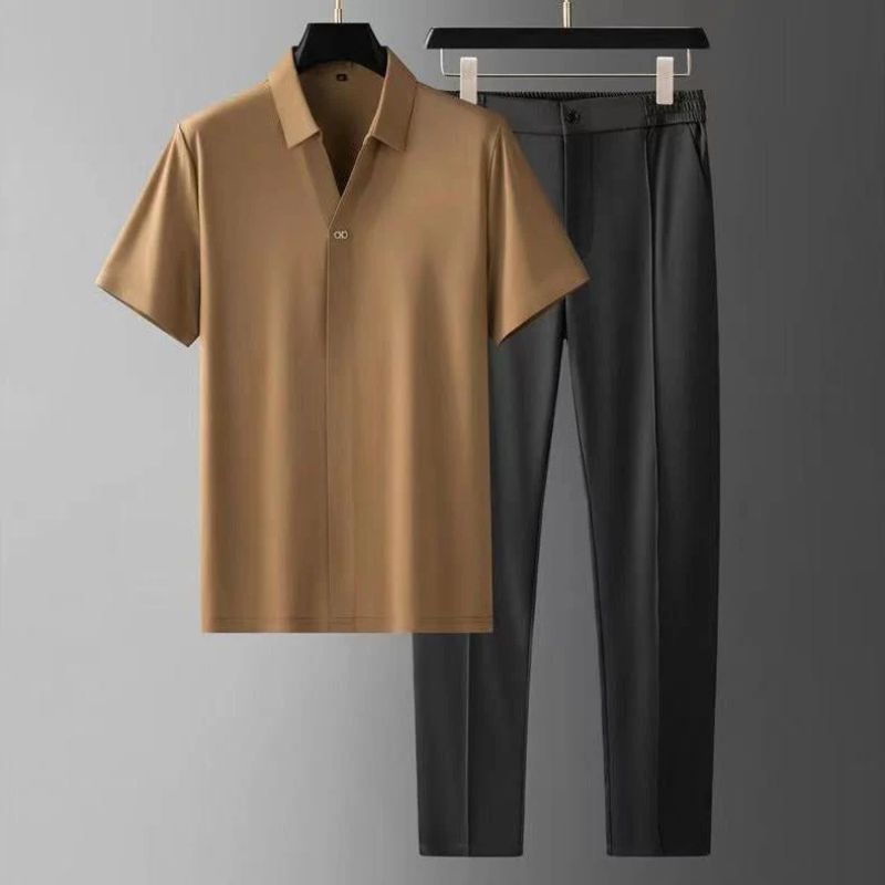 Ensemble élégant pour homme avec pantalon et chemise à manches courtes, parfait pour l'été









